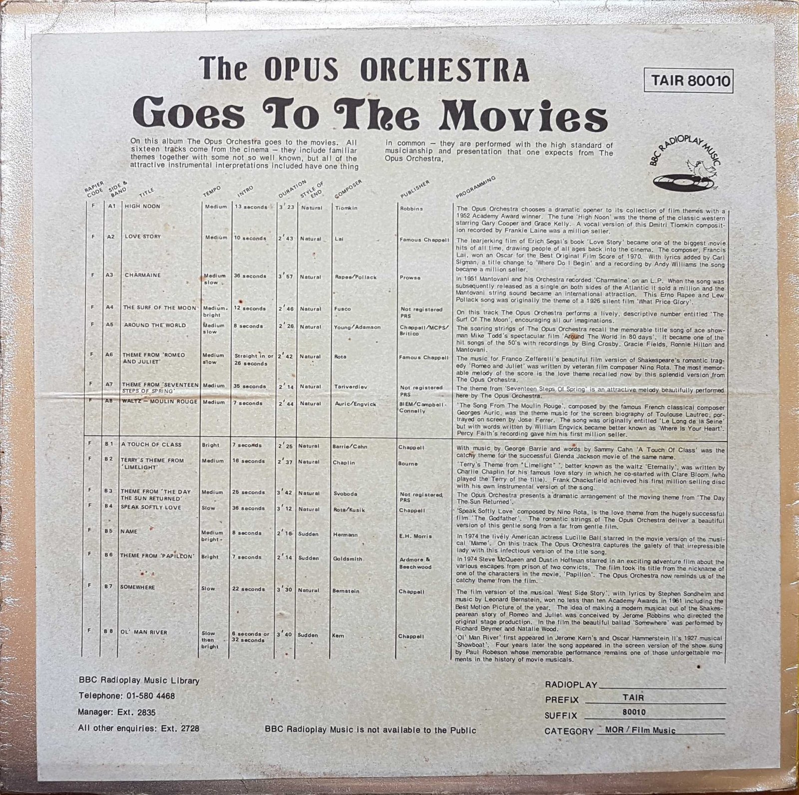 Picture of TAIR 80010 The Opus Orchestra goes to the movies by artist The Opus Orchestra  from the BBC records and Tapes library